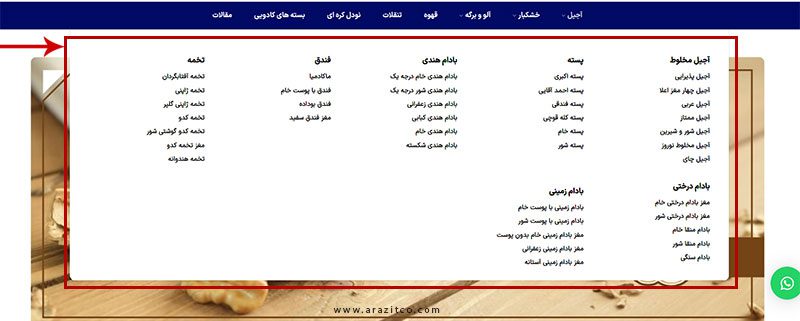 دسته بندی های متنوع در سایت فروشگاه آجیل و خشکبار